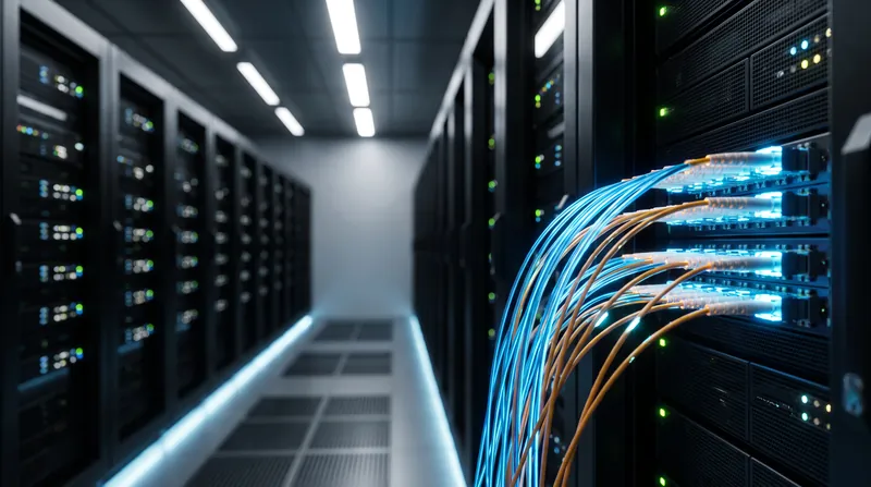 A brightly lit data center aisle featuring modern server racks with glowing blue and amber LED indicators.