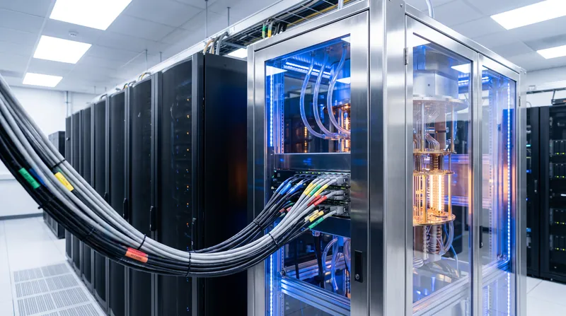 A sleek quantum computing server rack with blue lights installed next to standard black data center cabinets.