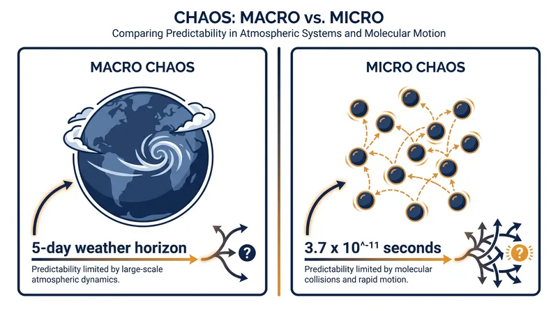 Chaos operates on vastly different scales, from days in the atmosphere to fractions of a nanosecond in a gas.