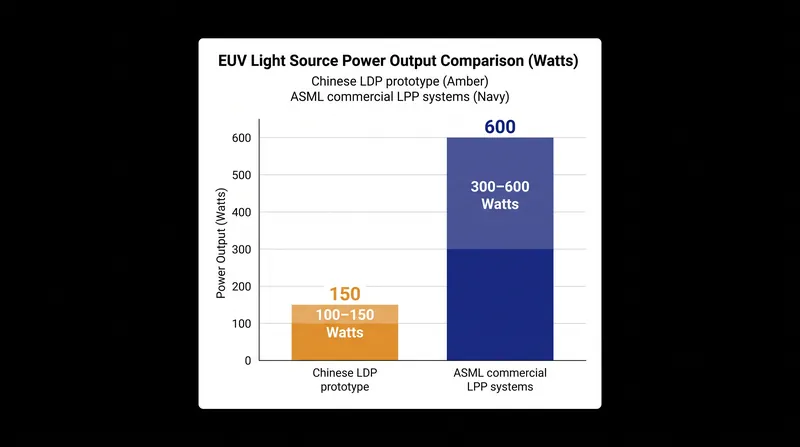 The Chinese prototype's light source currently outputs 100 to 150 watts, trailing ASML's commercial standard.