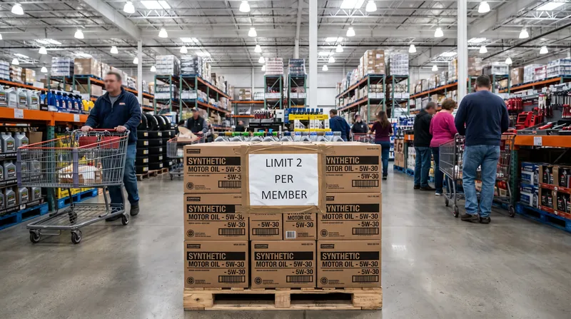 A large pallet of Kirkland Signature synthetic motor oil boxes in a warehouse aisle with a limit sign.
