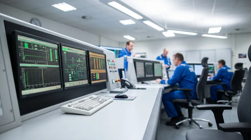 A modern nuclear power plant control room with digital monitoring screens displaying green and amber diagnostic data.