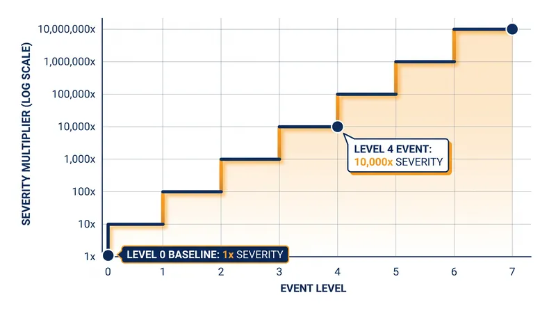 Because the scale is logarithmic, each ascending level represents a tenfold increase in severity.
