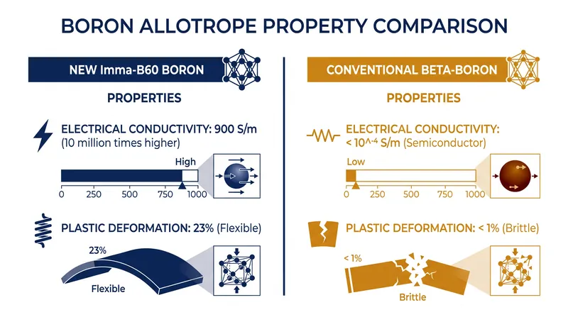Imma-B60 dramatically outperforms conventional boron phases in both conductivity and flexibility.