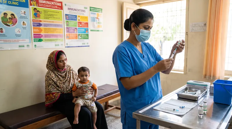 A health worker in a brightly lit clinic prepares a vaccination dose while a mother holds her child.