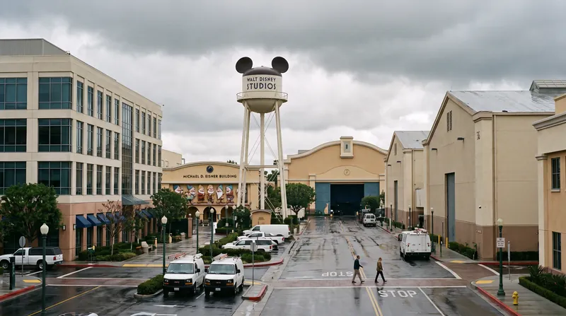 The Walt Disney Studios corporate headquarters building in Burbank, California, featuring the iconic water tower.