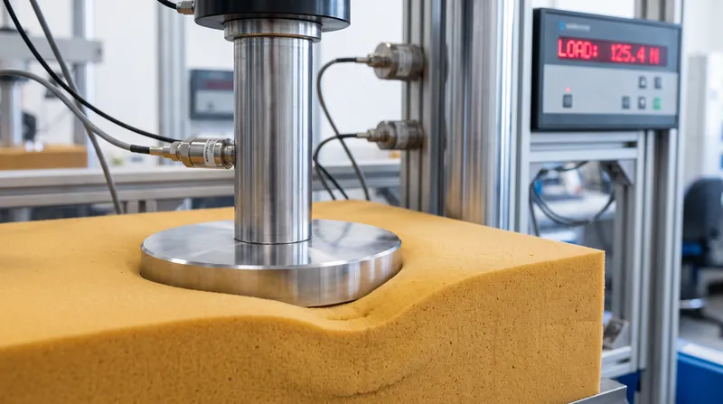 ASTM D3574 testing uses a 50-square-inch indenter to determine the exact load-bearing capacity of flexible foam.