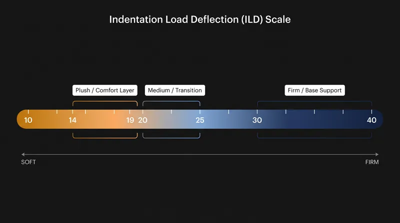The ILD scale measures how many pounds of force are required to compress a foam sample by 25%.
