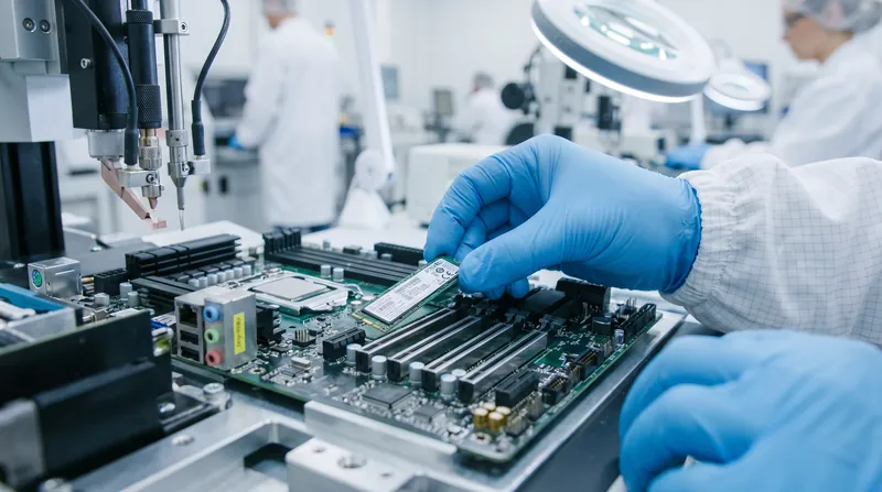 A close-up view of a modern laptop motherboard with DDR5 memory modules and SSD components.
