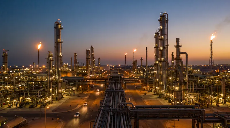 A large industrial oil refinery facility with tall distillation columns and pipelines illuminated against a twilight sky.