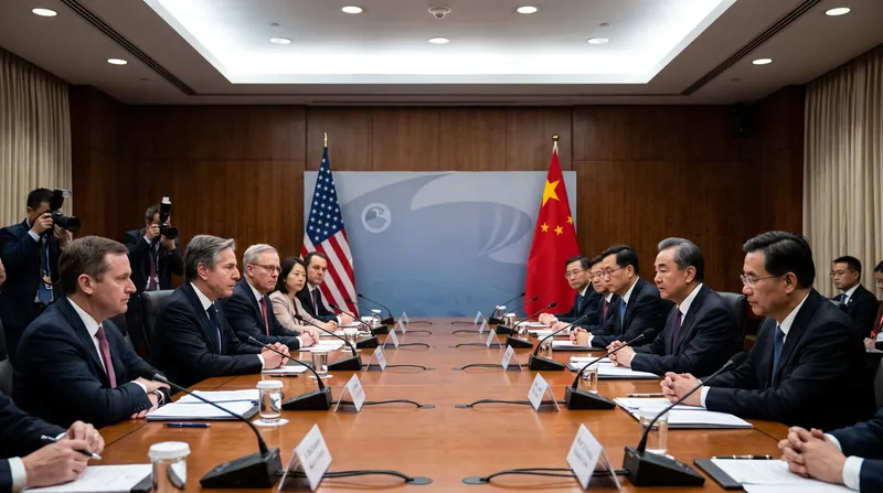 American and Chinese diplomatic delegations seated across from each other at a formal summit table.