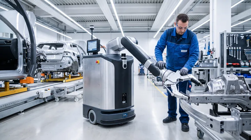 A modern automotive assembly line where a robotic unit works alongside a human technician.