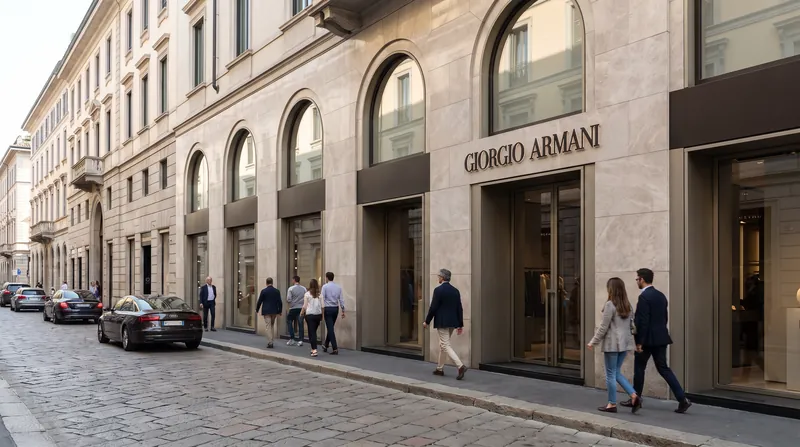 Exterior view of the Giorgio Armani flagship luxury retail store in Milan, Italy, featuring sleek architecture.
