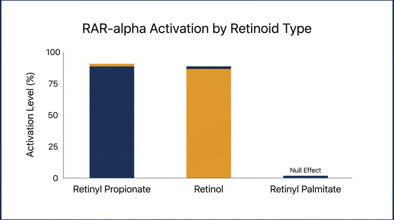 Receptor activation levels demonstrate that retinyl palmitate yields a functional null effect compared to retinol and retinyl propionate.