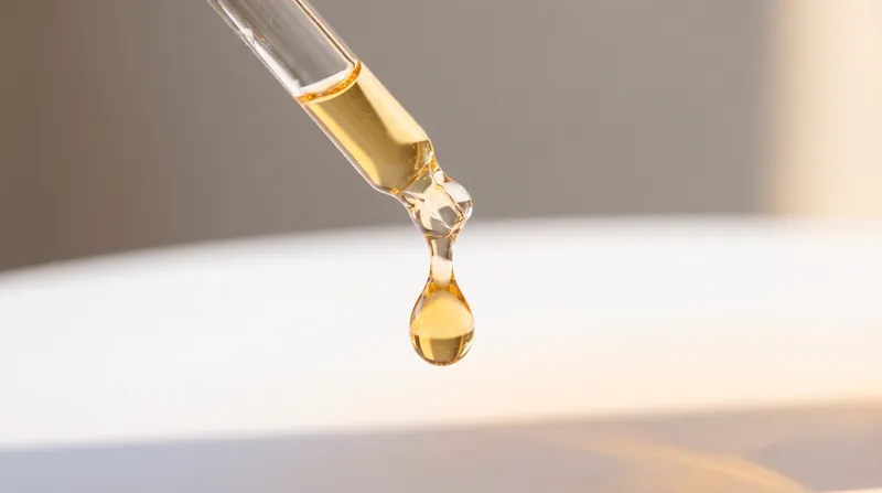 A clear glass dropper dispensing a single drop of golden retinoid serum onto a white surface.