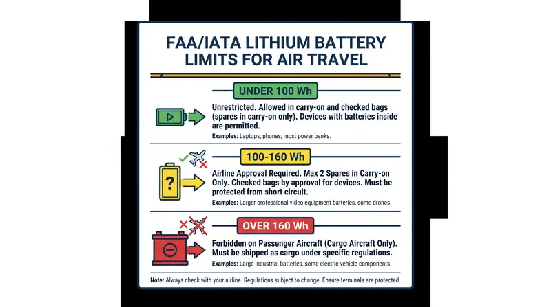 The three regulatory tiers for lithium-ion batteries on passenger aircraft.