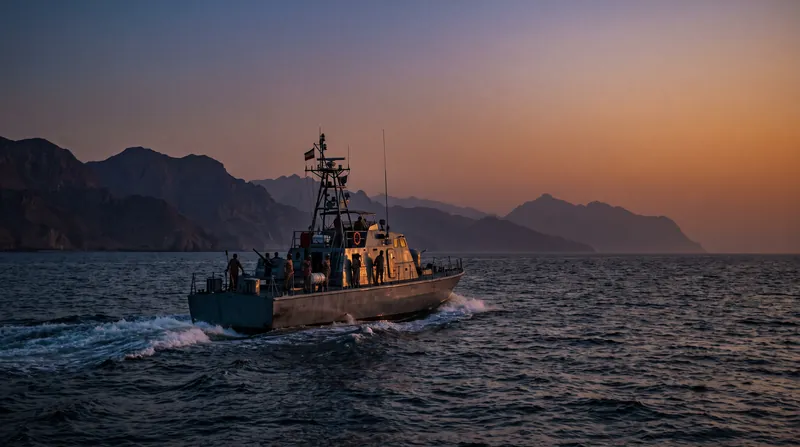 A wide shot of the Strait of Hormuz at dusk with an Iranian military patrol boat.