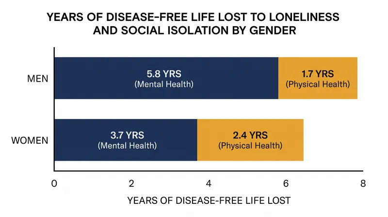 Men face a steeper mental health toll from loneliness, while women experience a slightly higher physical cost.
