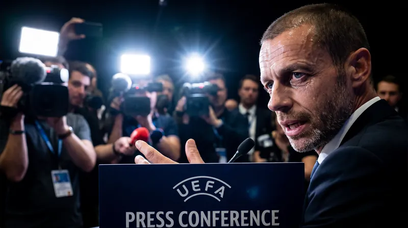 UEFA President Aleksander Ceferin speaking seriously at a press conference microphone.
