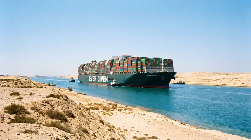 A large commercial container ship transiting the Suez Canal on a bright, clear day.