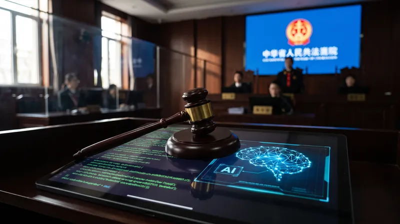 A wooden judge's gavel resting on a digital tablet displaying lines of code in a modern courtroom.