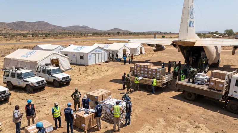 Medical supplies being unloaded from a transport vehicle at a World Health Organization staging area in Africa.