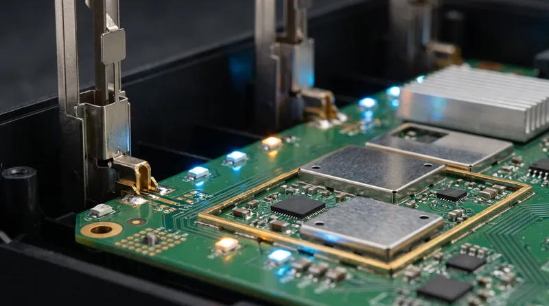 Close-up view of a modern Wi-Fi router's internal circuit board and antenna array glowing with LED lights.