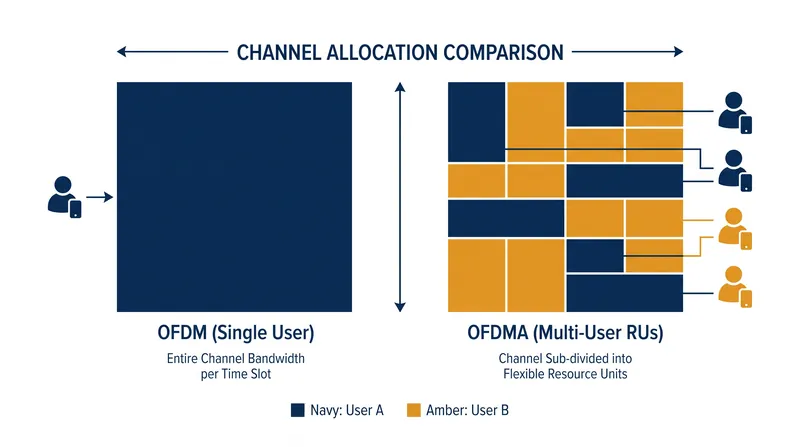 Unlike OFDM, which forces devices into a single-file line, OFDMA divides the channel to serve multiple devices simultaneously.