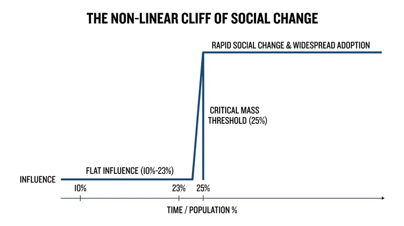 The tipping point is non-linear, meaning a movement at 23% support often looks identical to one at 10% until the threshold is crossed.