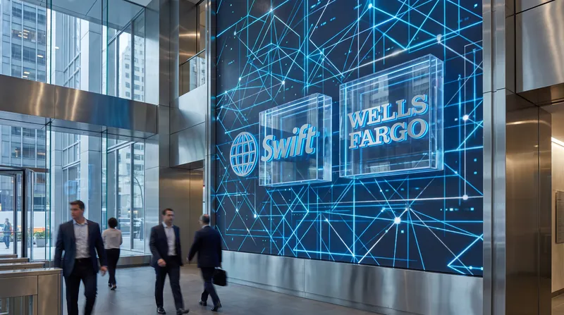 Corporate signage for Swift and Wells Fargo superimposed over a digital network grid representing blockchain connectivity.