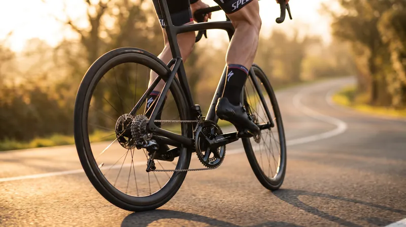 Close-up of a cyclist's legs and bike drivetrain pedaling on a paved road.