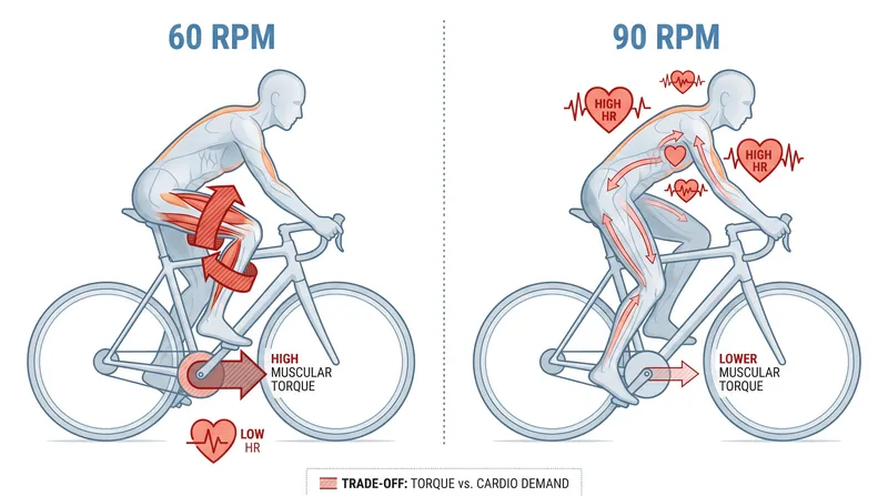 The physiological trade-off: low cadences demand higher muscular torque, while high cadences increase heart rate and oxygen consumption.