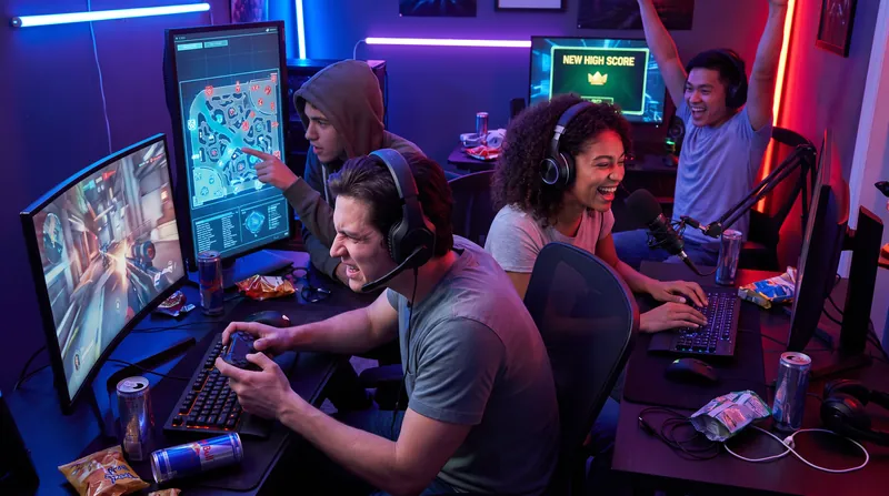 Four diverse individuals sitting in a dimly lit room, intensely focused on different gaming screens.