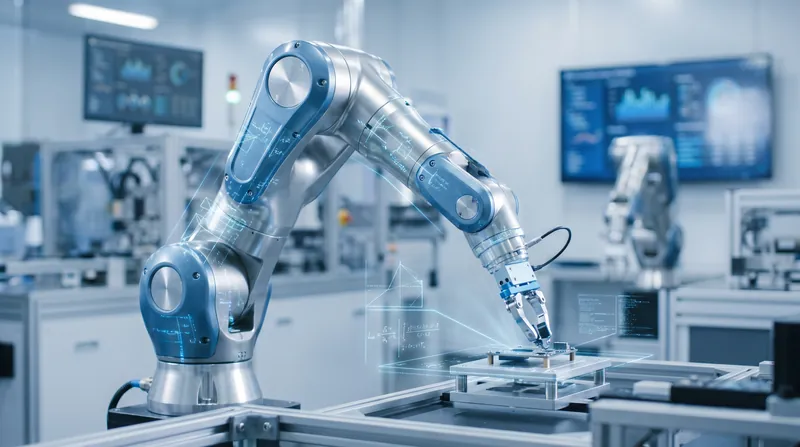 A modern autonomous robotic arm operating in a brightly lit industrial facility with subtle mathematical overlays.