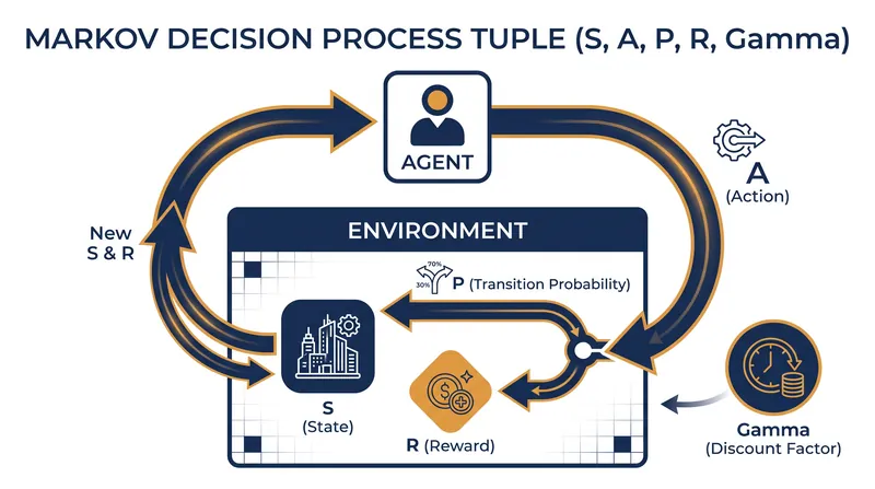 The five components of the MDP tuple dictate how an AI agent interacts with its environment.
