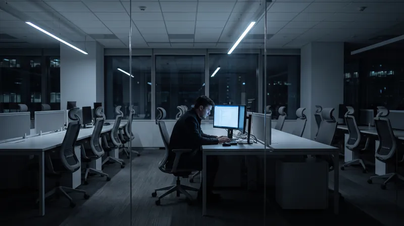 A lone employee works late at night in a dark, empty corporate office.