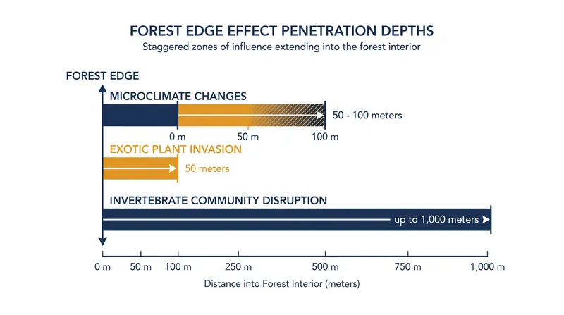 Biological disruptions can penetrate up to ten times deeper than the physical microclimate changes that trigger them.