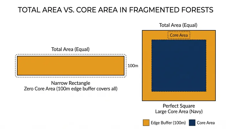 Forest geometry dictates habitat quality: narrow fragments may consist entirely of edge habitat with no protected core.