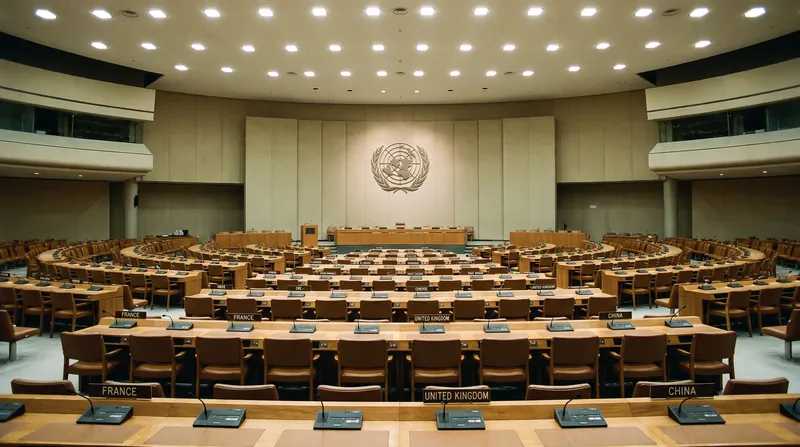 A wide view of an empty United Nations conference room in Geneva with circular seating and nameplates.