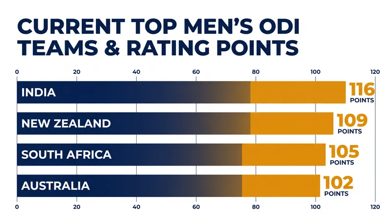 Current ICC Men's ODI Team Rankings highlight India's continued dominance at the top.
