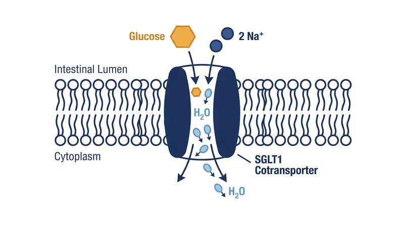 The SGLT1 protein requires both sodium and glucose to function, pulling water into the bloodstream as a byproduct of their transport.