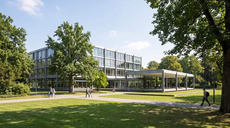 A modern glass and steel building surrounded by trees, housing the Federal Constitutional Court in Karlsruhe, Germany.