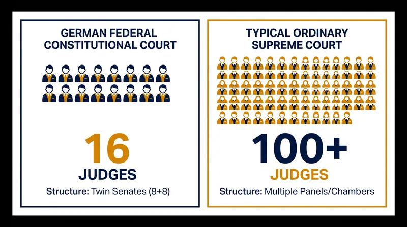 Constitutional courts are typically much smaller than ordinary supreme courts, reflecting their specialized dockets.