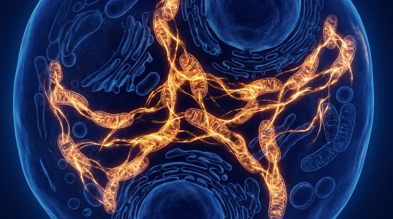 Microscopic illustration showing glowing amber mitochondria forming a network inside a deep blue human cell.