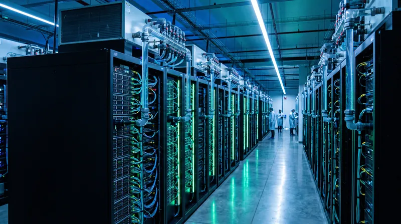 A brightly lit aisle inside a modern data center showing rows of high-density server racks and cooling infrastructure.