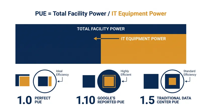 Power Usage Effectiveness (PUE) measures the overhead energy required to operate a facility beyond the power used by the servers themselves.