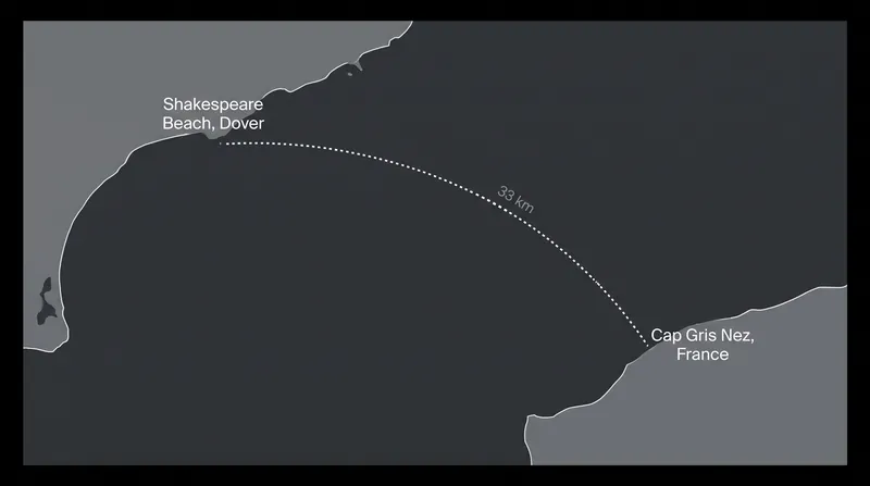 The 33-kilometre route from Shakespeare Beach to Cap Gris Nez.