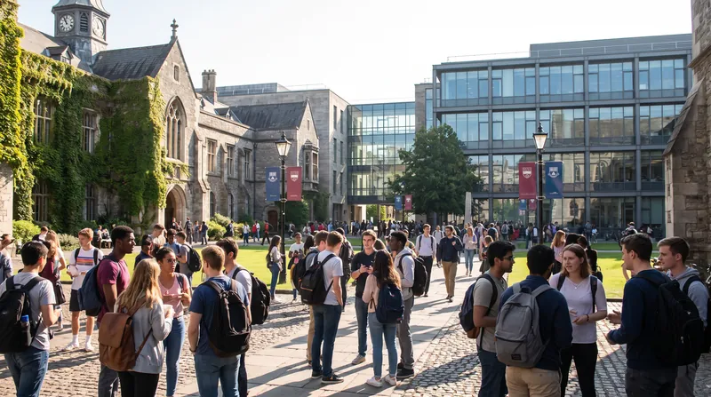 A diverse group of university students walking and talking in a sunny European campus courtyard.