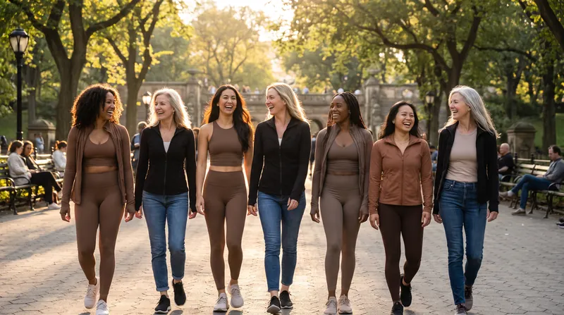 A diverse group of women walking outdoors, illustrating natural variations in human body proportions and shapes.