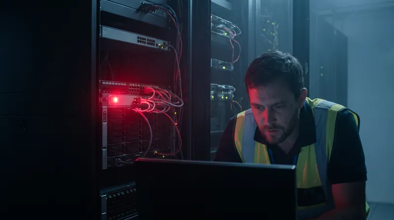 A dark data center aisle with a single red warning light flashing on a server rack.